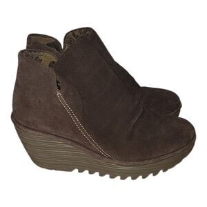 Fly London Womens 37 Yip Brown Suede Wedge Bootie Boot